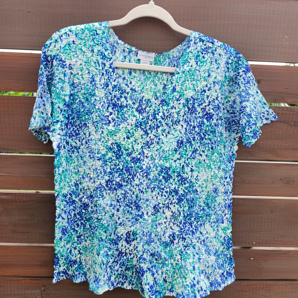 Vintage Jaclyn Smith Popcorn Top‎ Blue Green Abstract Floral size XL
